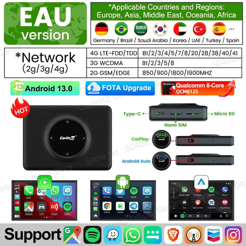Android 13 CarlinKit Android Auto Wireless CarPlay AI TV Box QCM6125