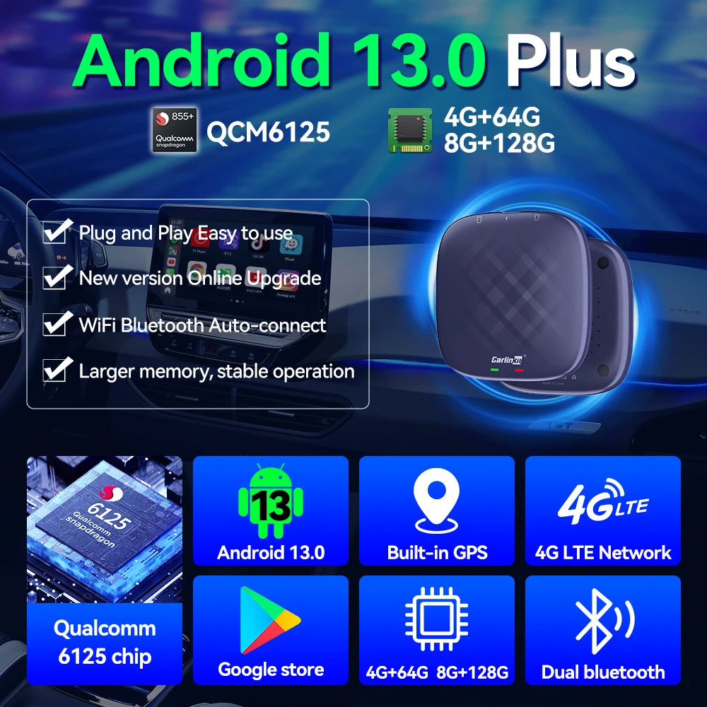 Android 13 CarlinKit Android Auto Wireless CarPlay AI TV Box QCM6125